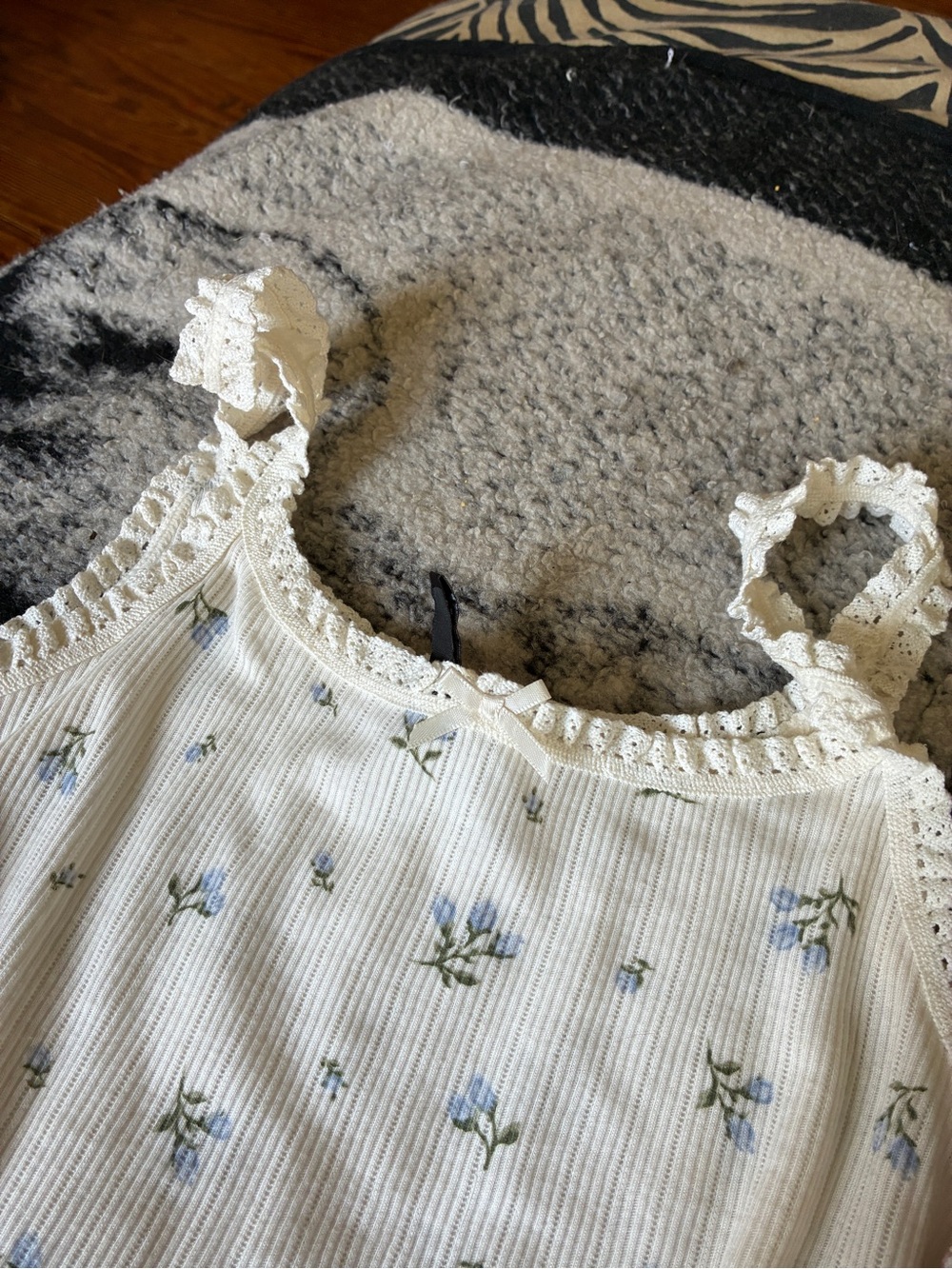 Divided blue and white floral tank top